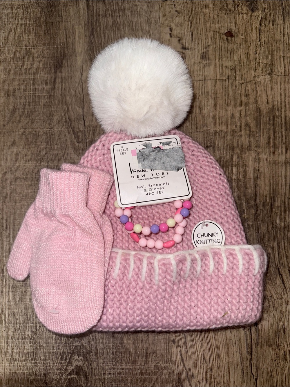 Nicole Miller Pink Chunky Knit Pom Beanie & Mittens Set with Beaded Bracelets